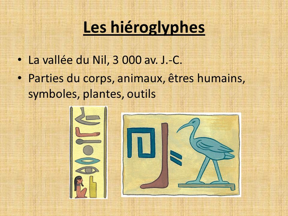 Les hiéroglyphes La vallée du Nil, av. J.-C.