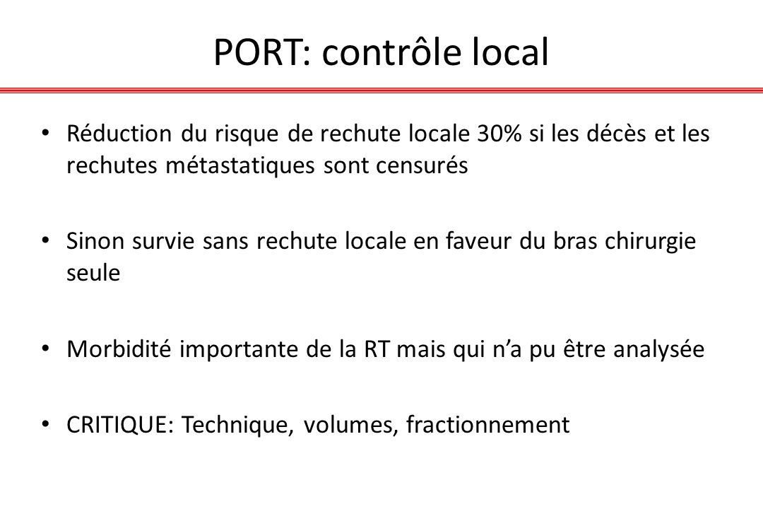 PORT: contrôle local Réduction du risque de rechute locale 30% si les décès et les rechutes métastatiques sont censurés.