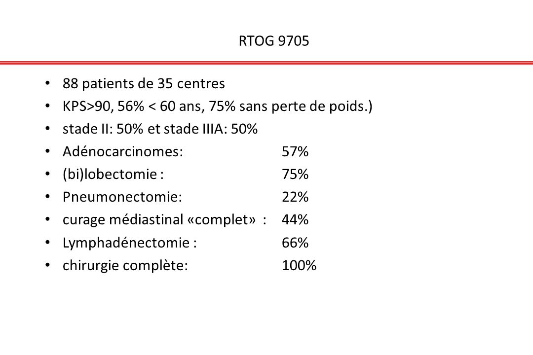 RTOG patients de 35 centres. KPS>90, 56% < 60 ans, 75% sans perte de poids.) stade II: 50% et stade IIIA: 50%
