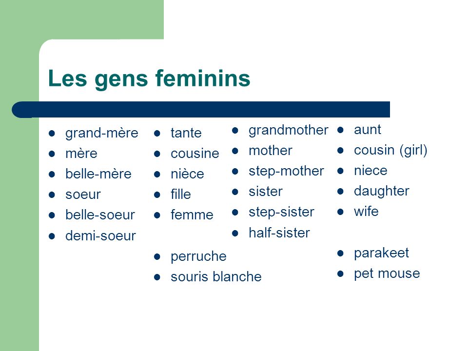 Les gens feminins aunt cousin (girl) niece daughter wife parakeet