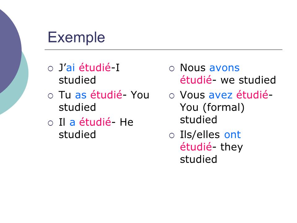 Exemple J’ai étudié-I studied Tu as étudié- You studied