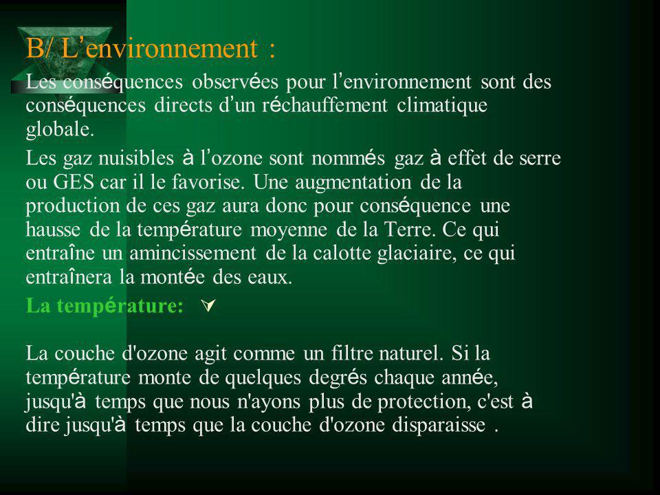 B/ L’environnement : Les conséquences observées pour l’environnement sont des conséquences directs d’un réchauffement climatique globale.