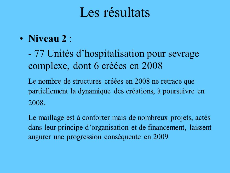 Les résultats Niveau 2 : - 77 Unités d’hospitalisation pour sevrage complexe, dont 6 créées en