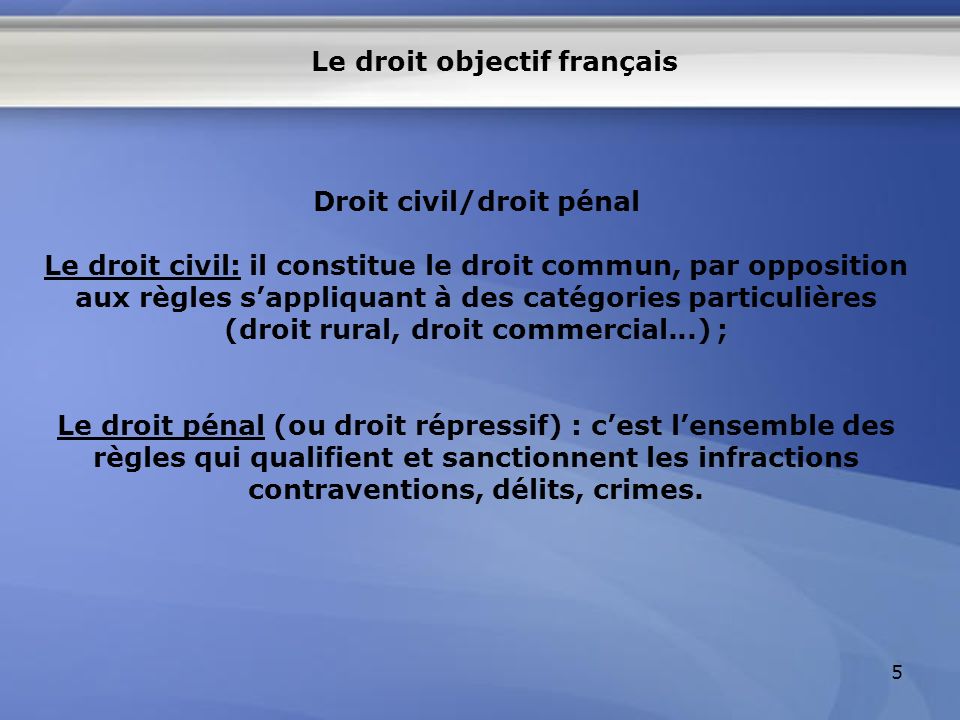 Le droit objectif français Droit civil/droit pénal