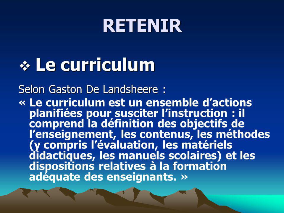 RETENIR Le curriculum Selon Gaston De Landsheere :