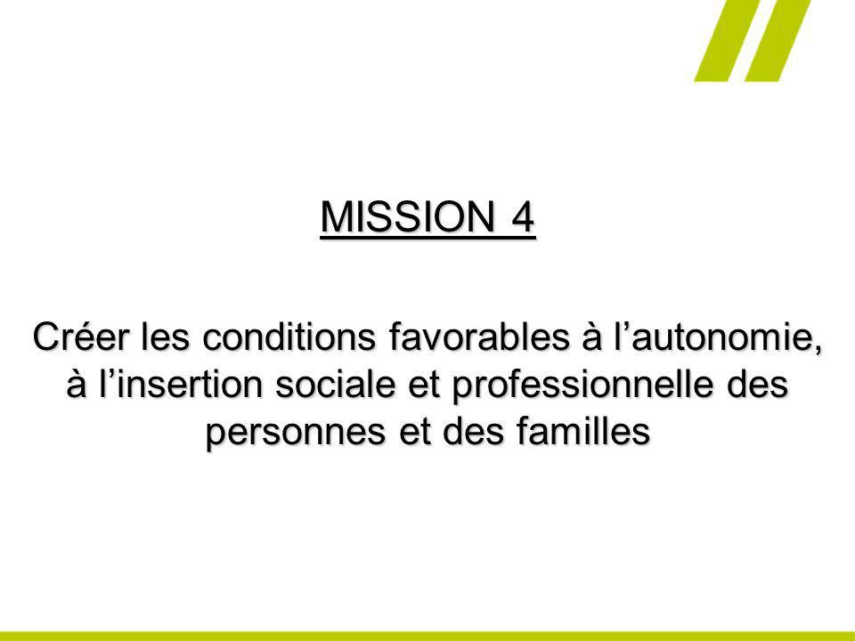 MISSION 4 Créer les conditions favorables à l’autonomie, à l’insertion sociale et professionnelle des personnes et des familles.