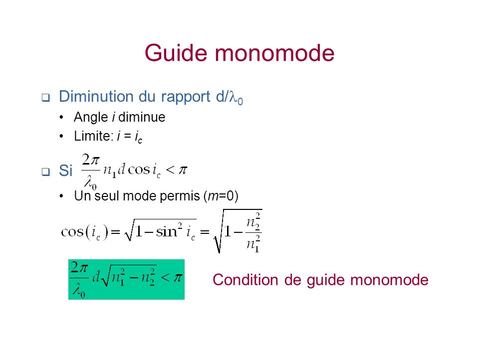 Guide monomode Diminution du rapport d/l0 Si