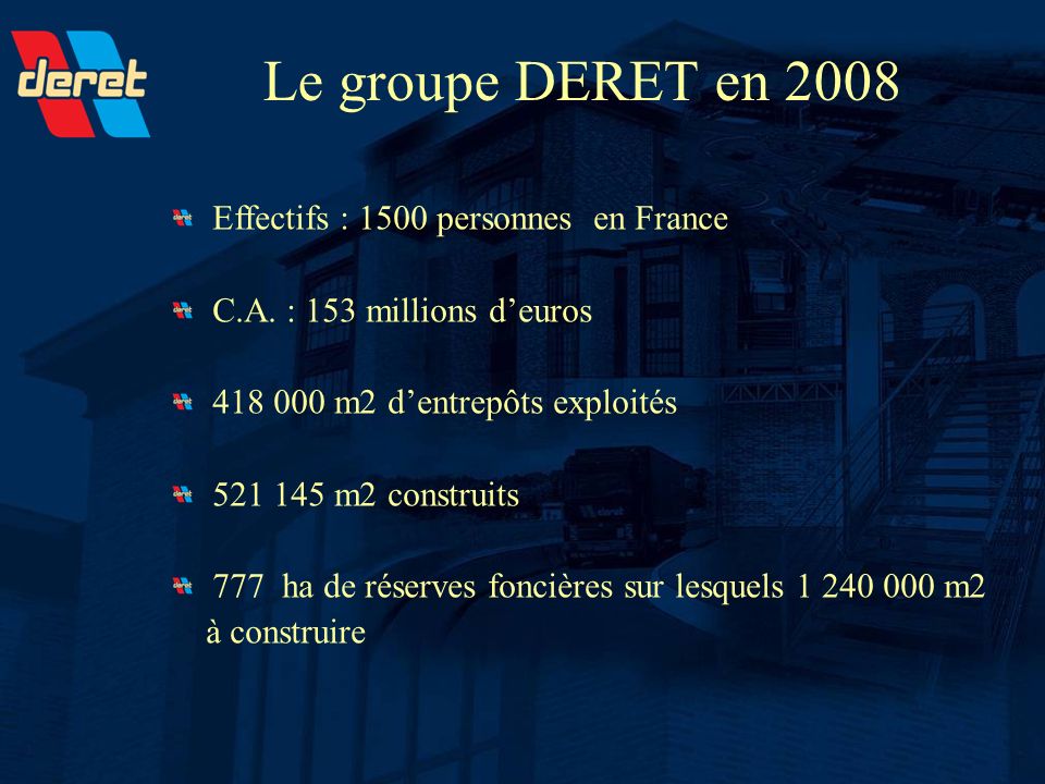 Le groupe DERET en 2008 Effectifs : 1500 personnes en France