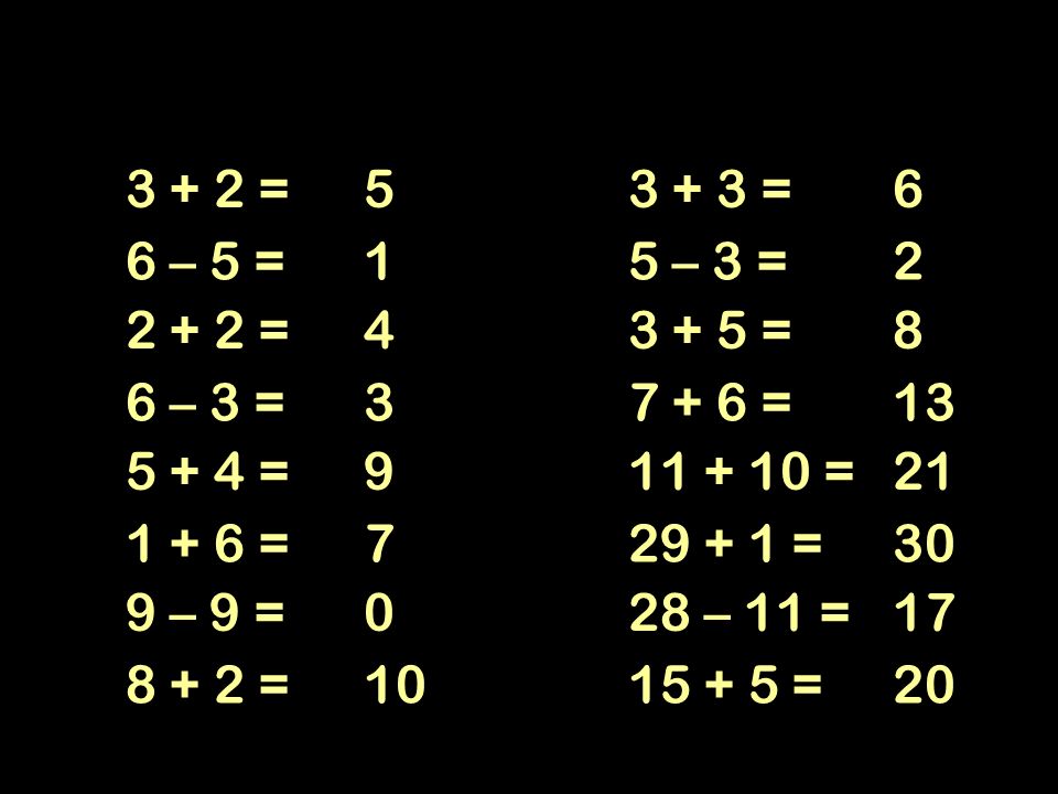 3 + 2 = = 6. 6 – 5 = 1. 5 – 3 = = = 8. 6 – 3 = = 13.