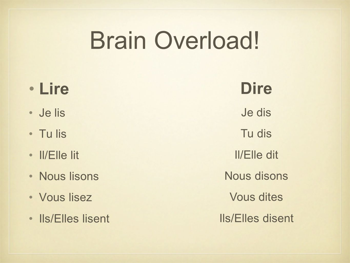 Brain Overload! Lire Dire Je lis Je dis Tu lis Tu dis Il/Elle lit