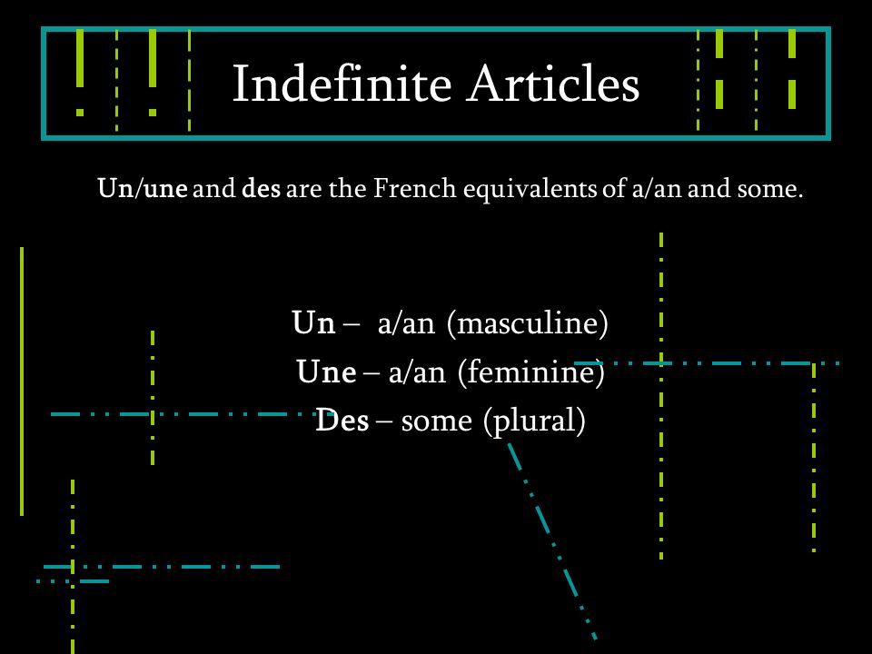 Un/une and des are the French equivalents of a/an and some.