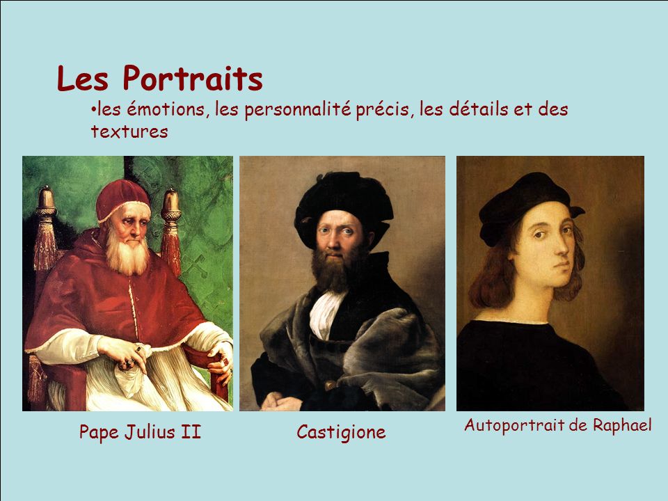 Les Portraits les émotions, les personnalité précis, les détails et des textures. Autoportrait de Raphael.