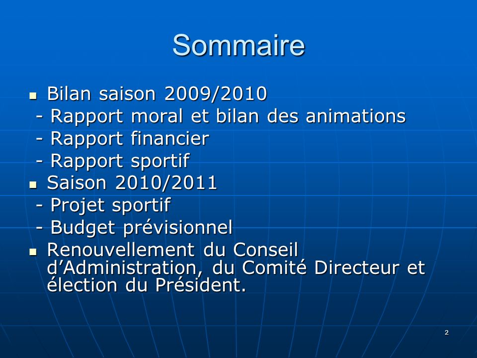 Sommaire Bilan saison 2009/2010