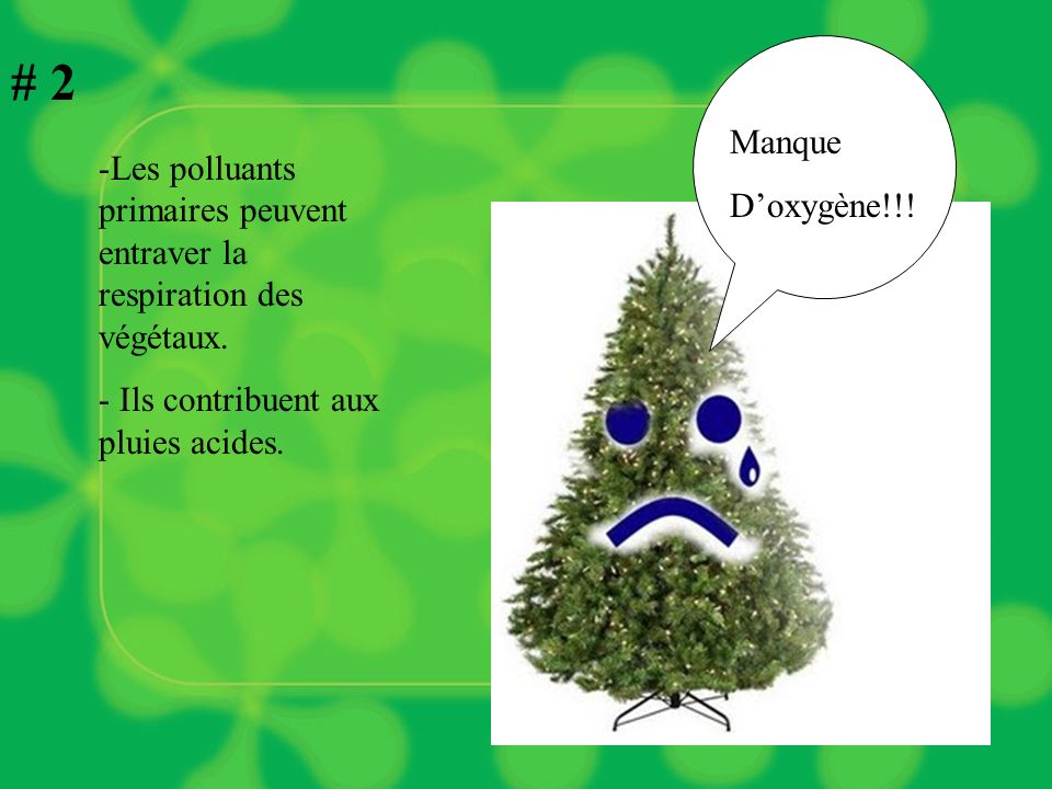 # 2 Manque. D’oxygène!!. Les polluants primaires peuvent entraver la respiration des végétaux.