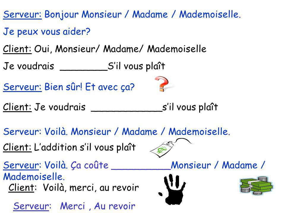 Serveur: Bonjour Monsieur / Madame / Mademoiselle.