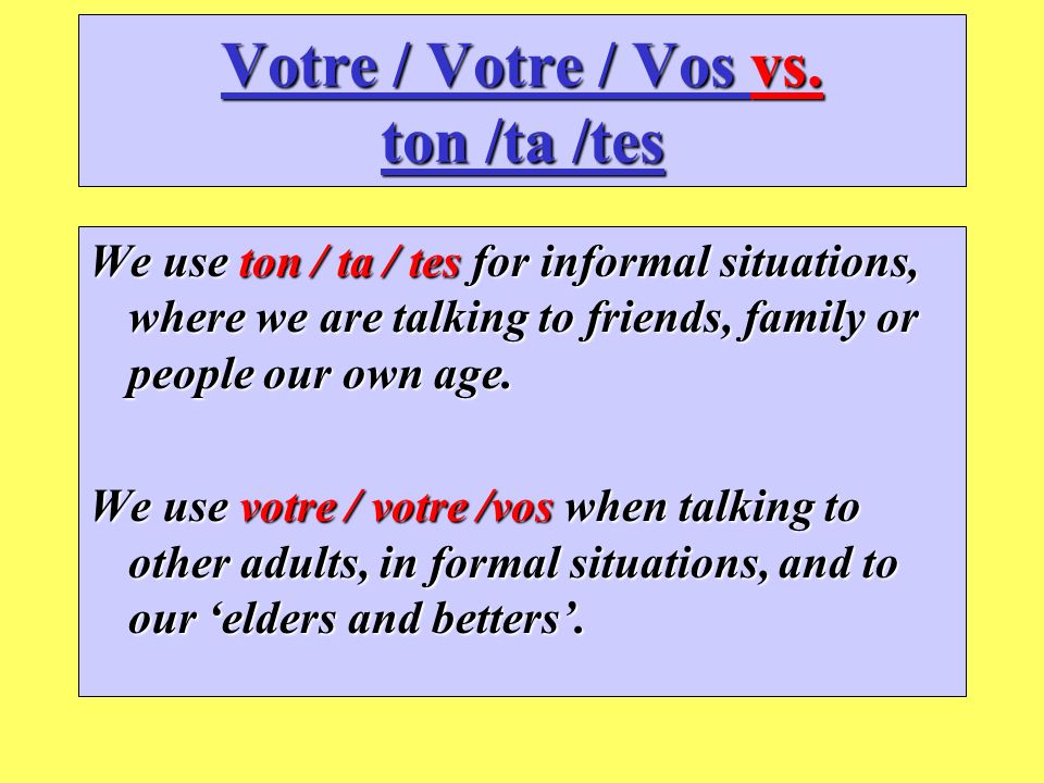 Votre / Votre / Vos vs. ton /ta /tes