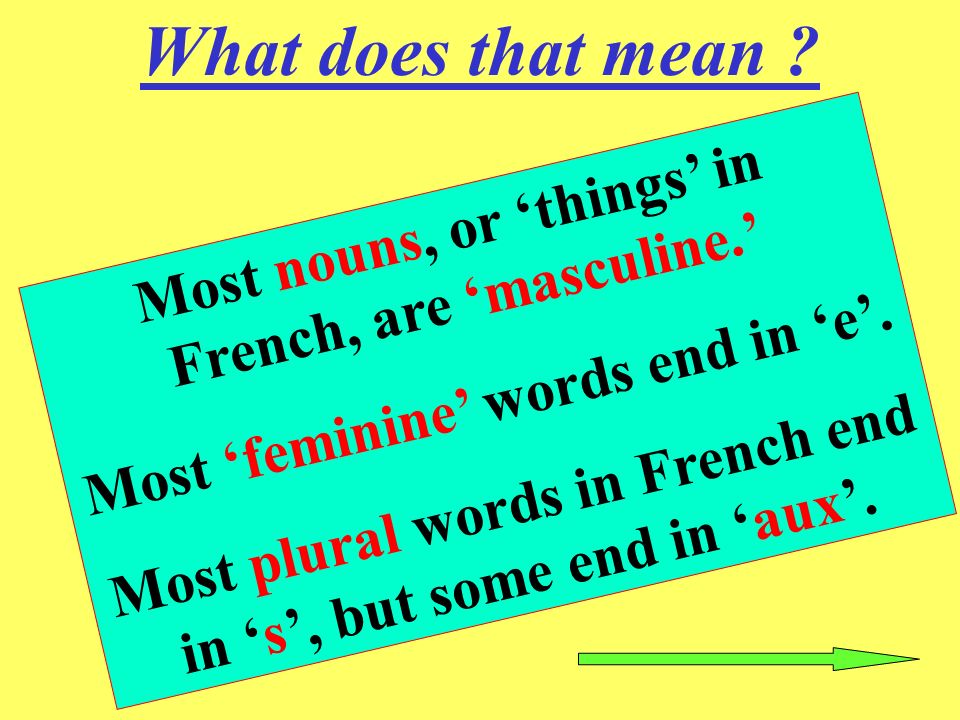 What does that mean Most nouns, or ‘things’ in French, are ‘masculine.’ Most ‘feminine’ words end in ‘e’.