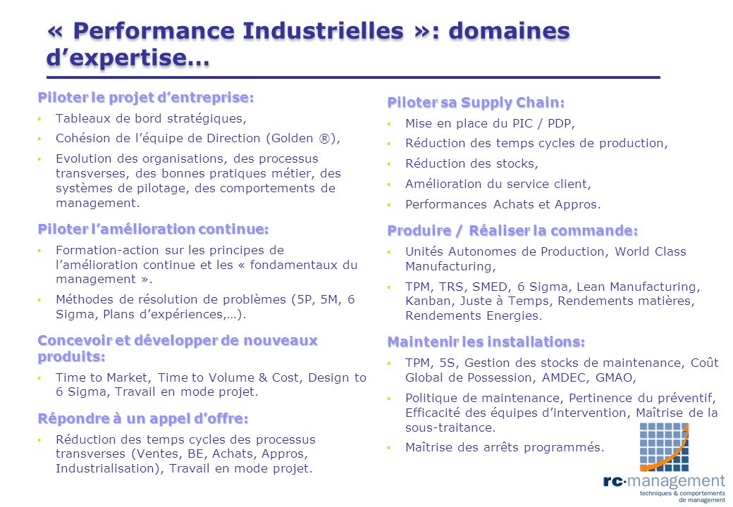 « Performance Industrielles »: domaines d’expertise…