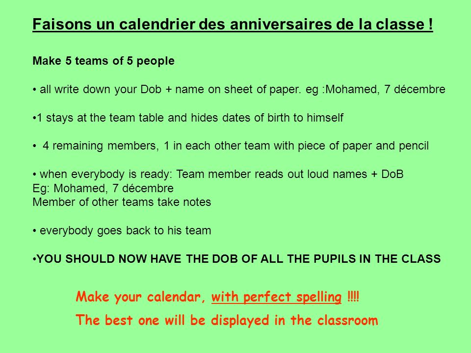 Faisons un calendrier des anniversaires de la classe !
