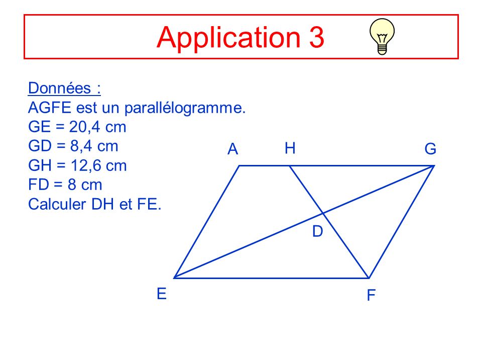 Application 3 Données : AGFE est un parallélogramme. GE = 20,4 cm