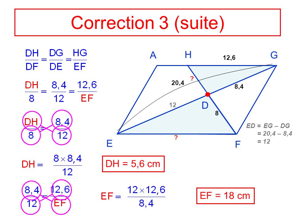 Correction 3 (suite) A G F E H D DH = 5,6 cm EF = 18 cm 12,6 20,4