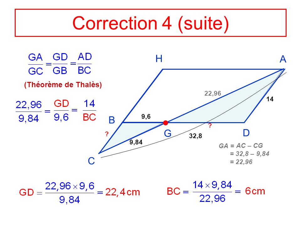 Correction 4 (suite) H A B G D C (Théorème de Thalès) 22, ,6
