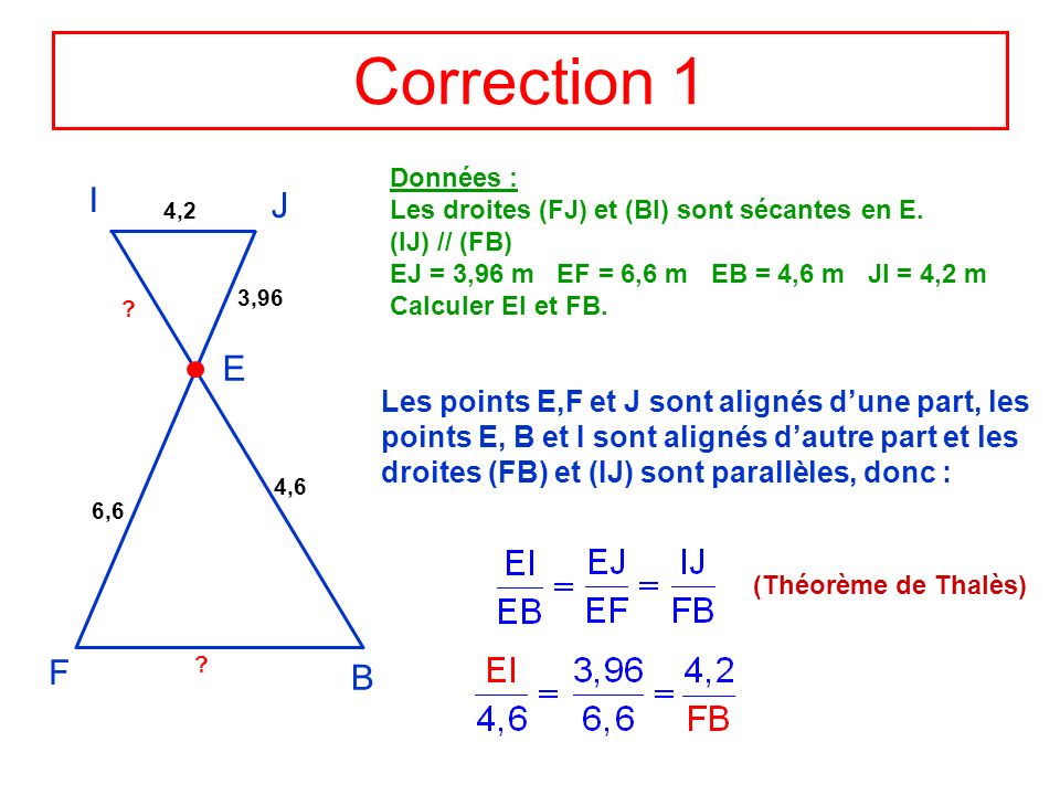 Correction 1 Données : Les droites (FJ) et (BI) sont sécantes en E. (IJ) // (FB) EJ = 3,96 m EF = 6,6 m EB = 4,6 m JI = 4,2 m.