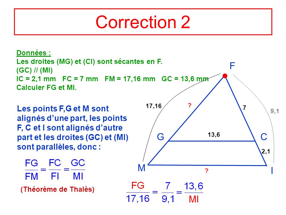 Correction 2 Données : Les droites (MG) et (CI) sont sécantes en F. (GC) // (MI) IC = 2,1 mm FC = 7 mm FM = 17,16 mm GC = 13,6 mm.