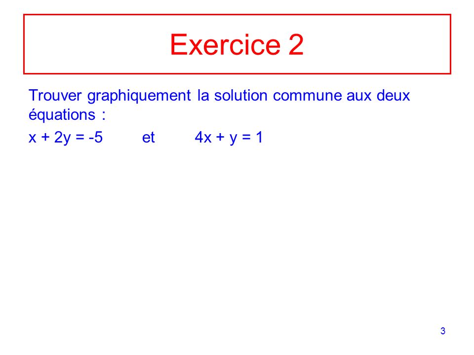 Exercice 2 Trouver graphiquement la solution commune aux deux équations : x + 2y = -5 et 4x + y = 1.