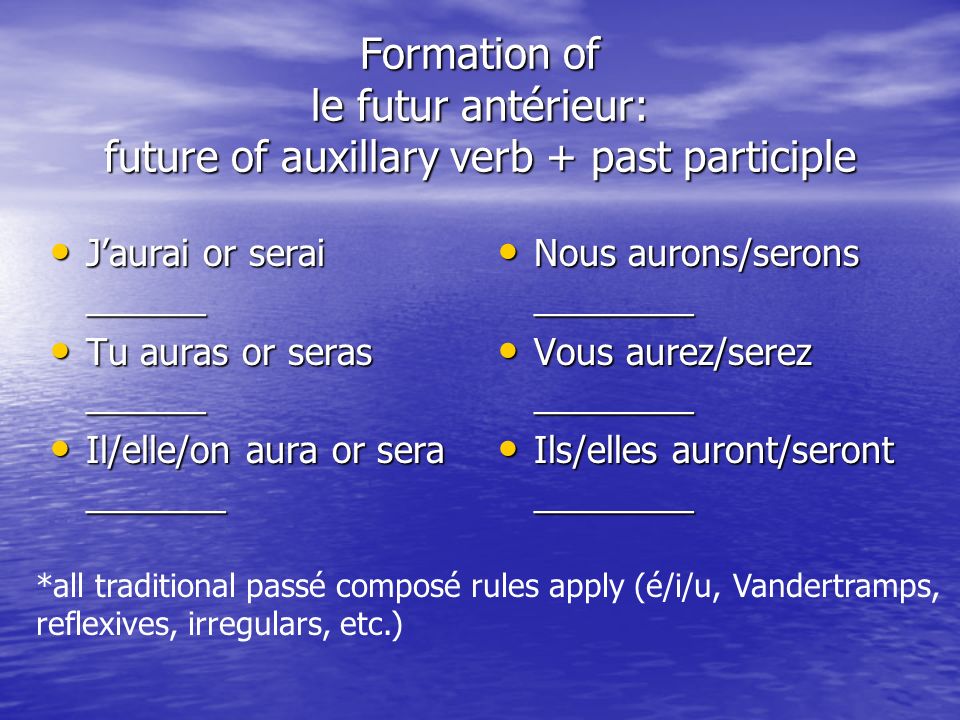 Formation of le futur antérieur: future of auxillary verb + past participle