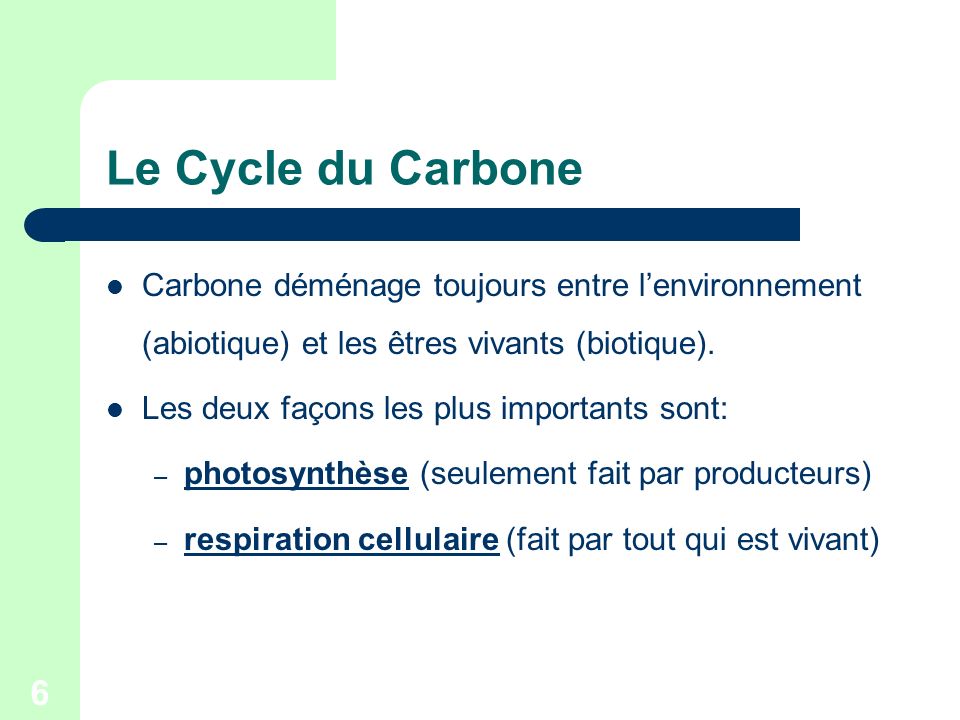 Le Cycle du Carbone Carbone déménage toujours entre l’environnement (abiotique) et les êtres vivants (biotique).