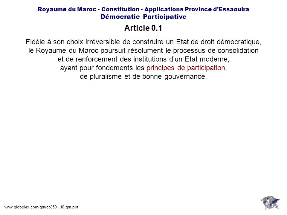 Royaume du Maroc - Constitution - Applications Province d Essaouira Démocratie Participative