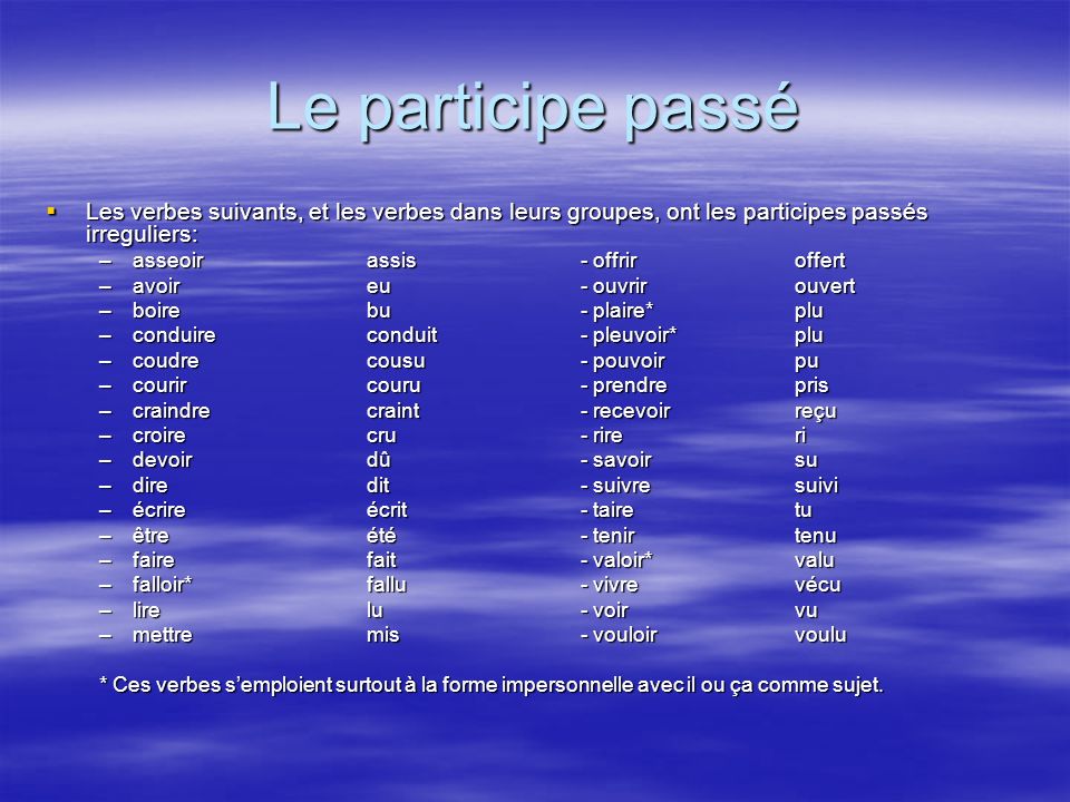 Le participe passé Les verbes suivants, et les verbes dans leurs groupes, ont les participes passés irreguliers: