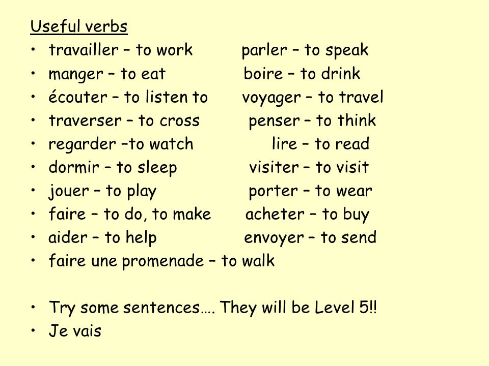 Useful verbs travailler – to work parler – to speak. manger – to eat boire – to drink.