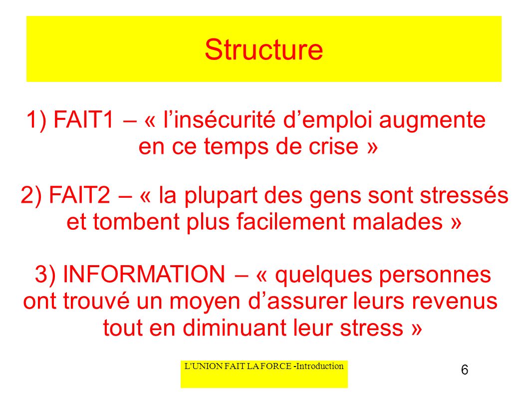 Structure 1) FAIT1 – « l’insécurité d’emploi augmente en ce temps de crise »