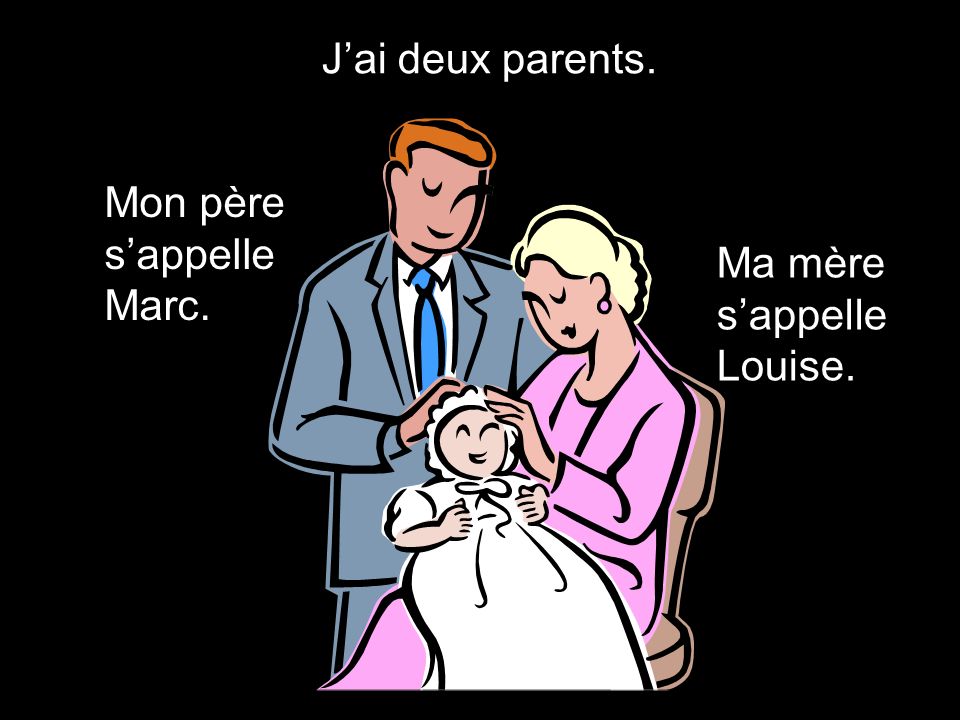 J’ai deux parents. Mon père s’appelle Marc. Ma mère s’appelle Louise.