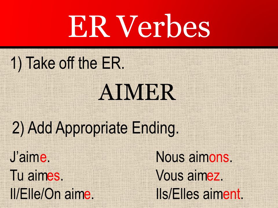 ER Verbes AIM ER 1) Take off the ER. 2) Add Appropriate Ending. J’aim