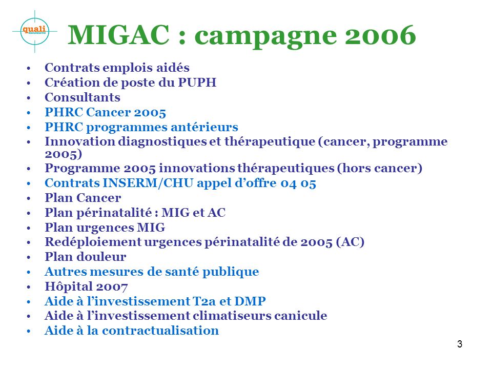 MIGAC : campagne 2006 Contrats emplois aidés Création de poste du PUPH