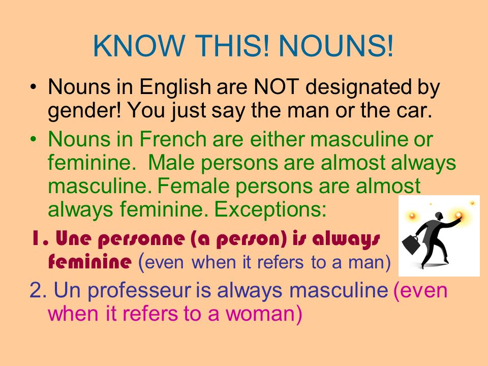 KNOW THIS! NOUNS! Nouns in English are NOT designated by gender! You just say the man or the car.