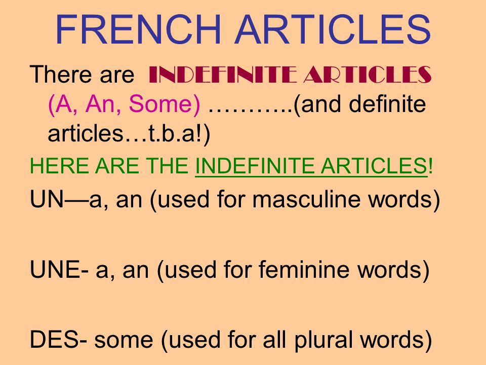 FRENCH ARTICLES There are INDEFINITE ARTICLES (A, An, Some) ………..(and definite articles…t.b.a!) HERE ARE THE INDEFINITE ARTICLES!