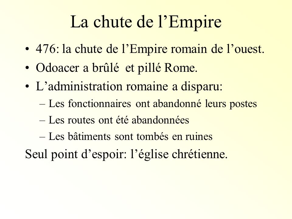 La chute de l’Empire 476: la chute de l’Empire romain de l’ouest.