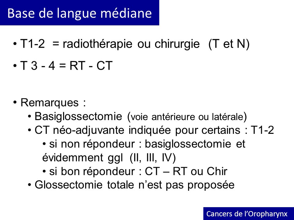Base de langue médiane T1-2 = radiothérapie ou chirurgie (T et N)