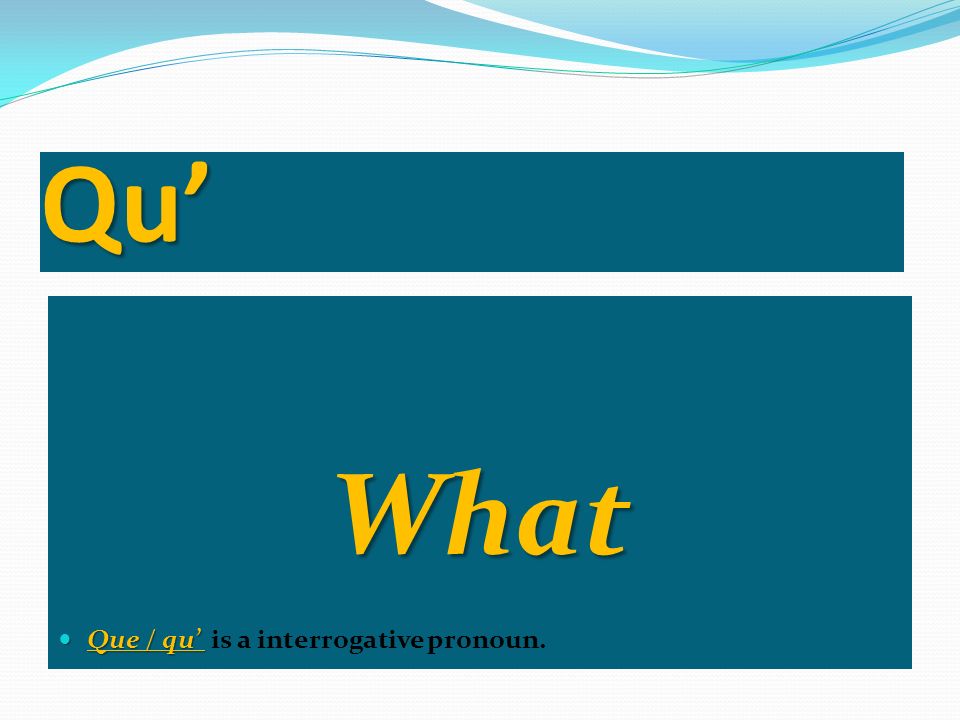 Qu’ What Que / qu’ is a interrogative pronoun.