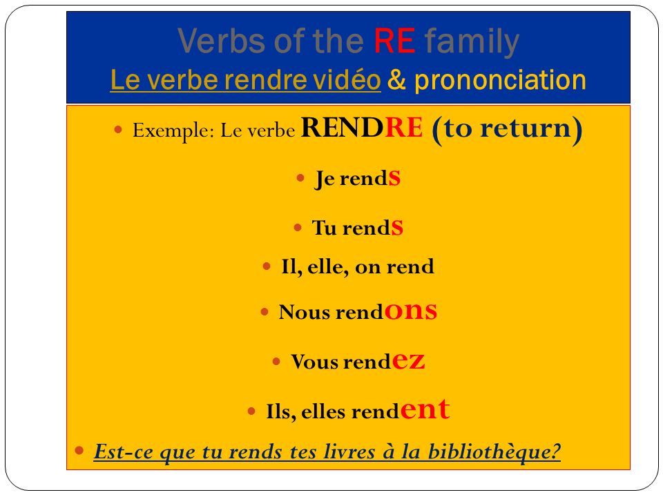 Verbs of the RE family Le verbe rendre vidéo & prononciation