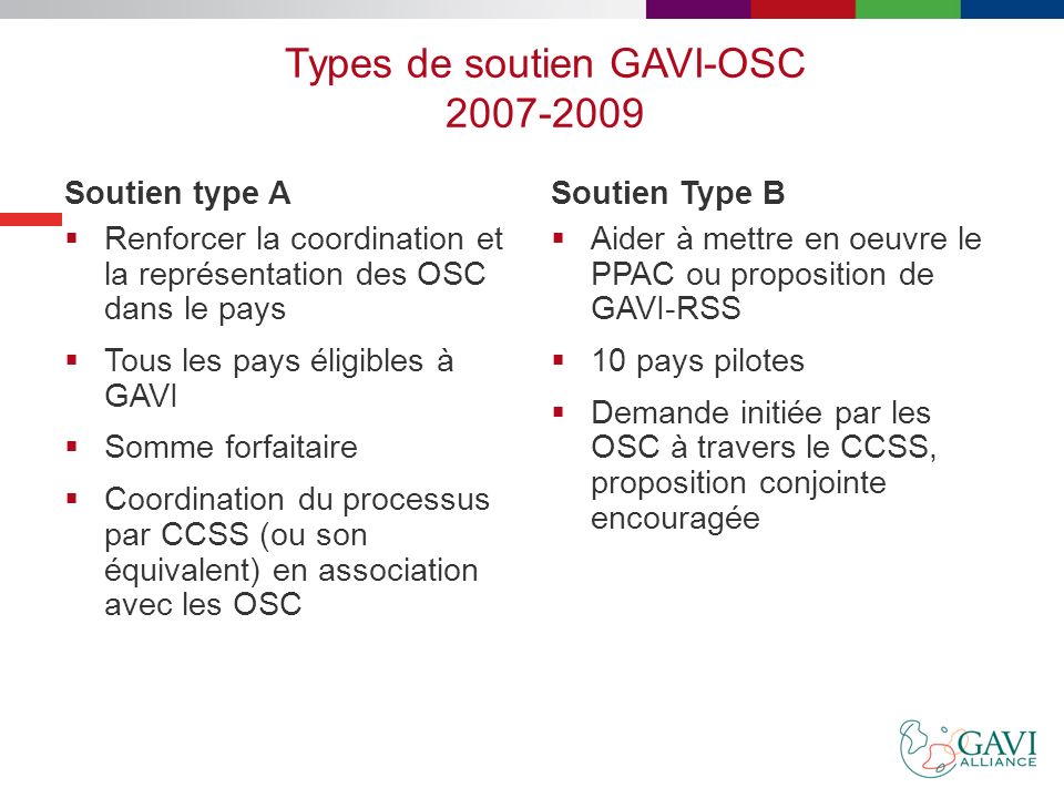 Types de soutien GAVI-OSC