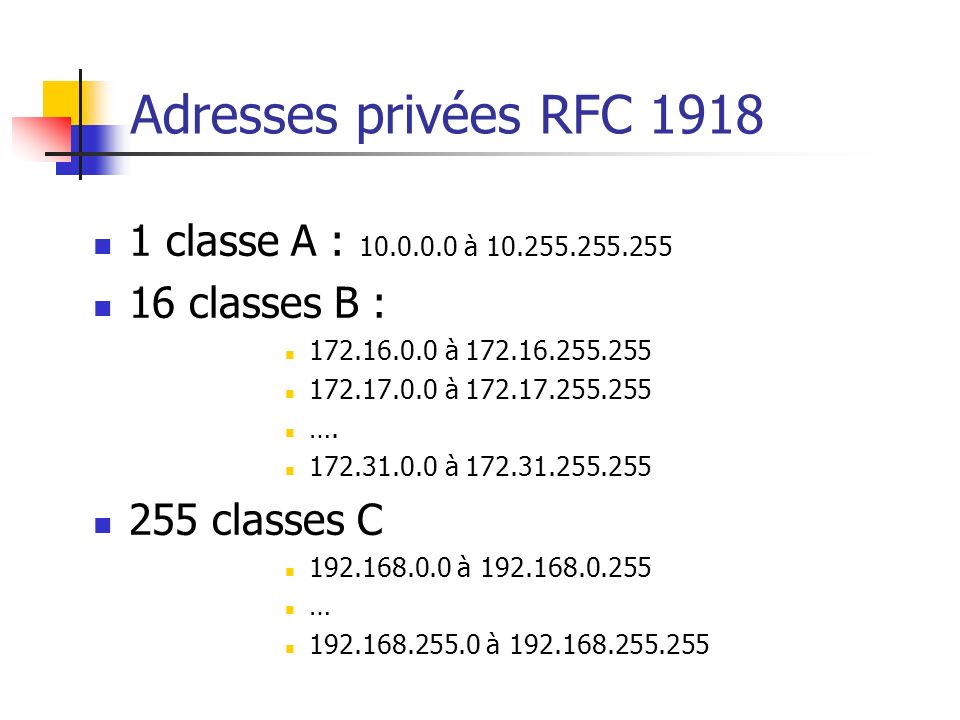 Adresses privées RFC classe A : à
