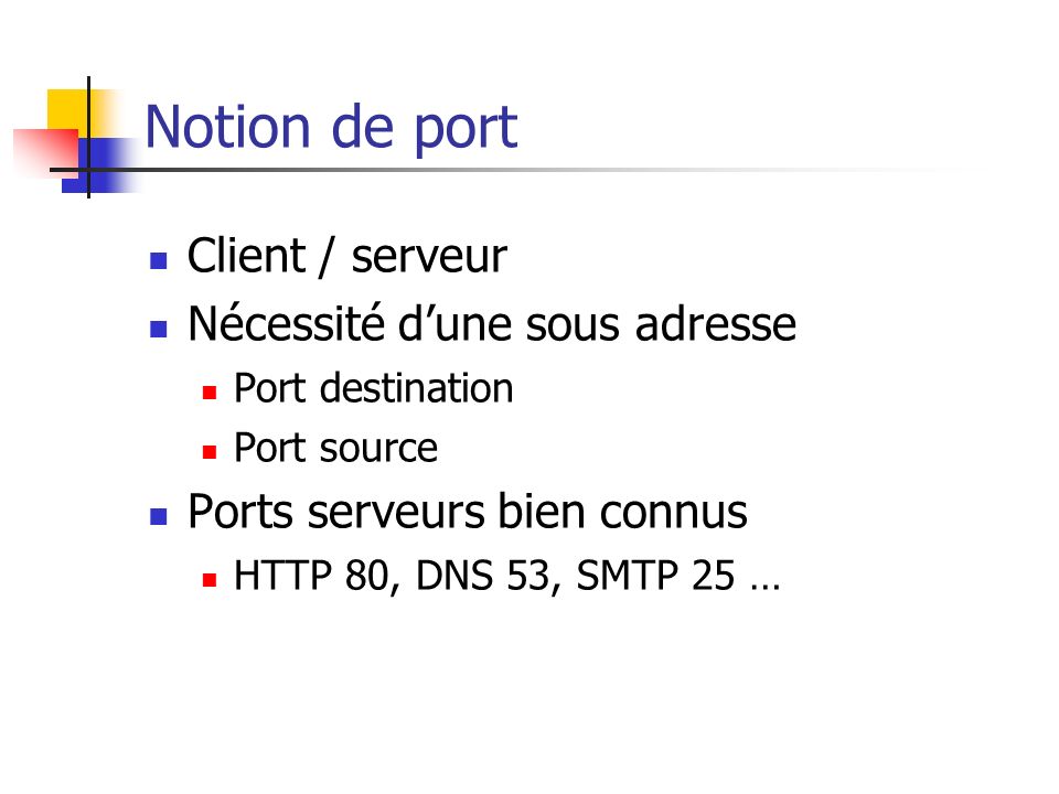 Notion de port Client / serveur Nécessité d’une sous adresse