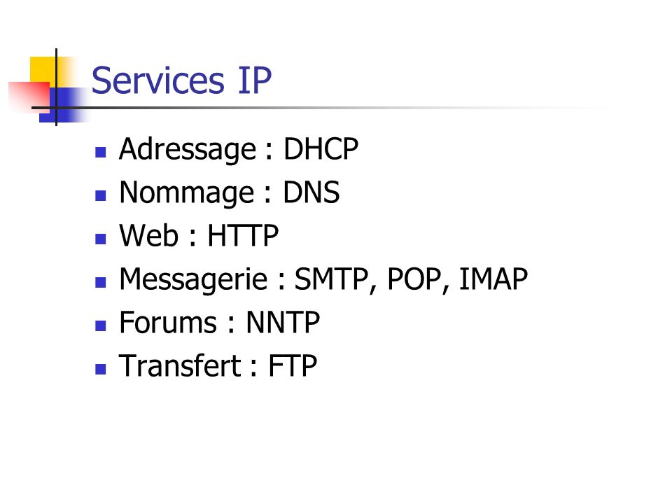 Services IP Adressage : DHCP Nommage : DNS Web : HTTP