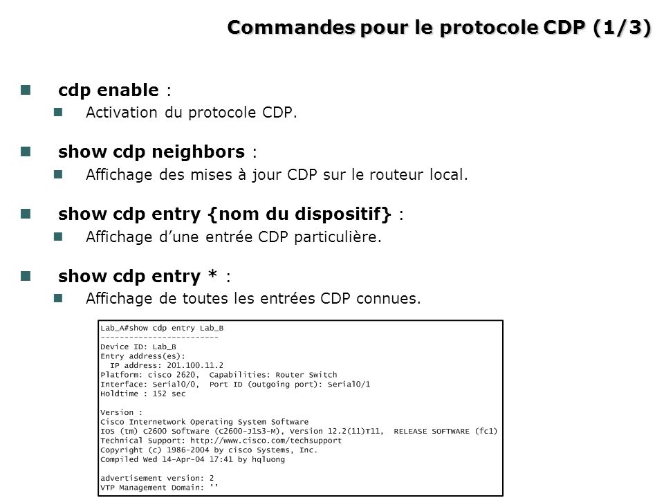 Commandes pour le protocole CDP (1/3)‏