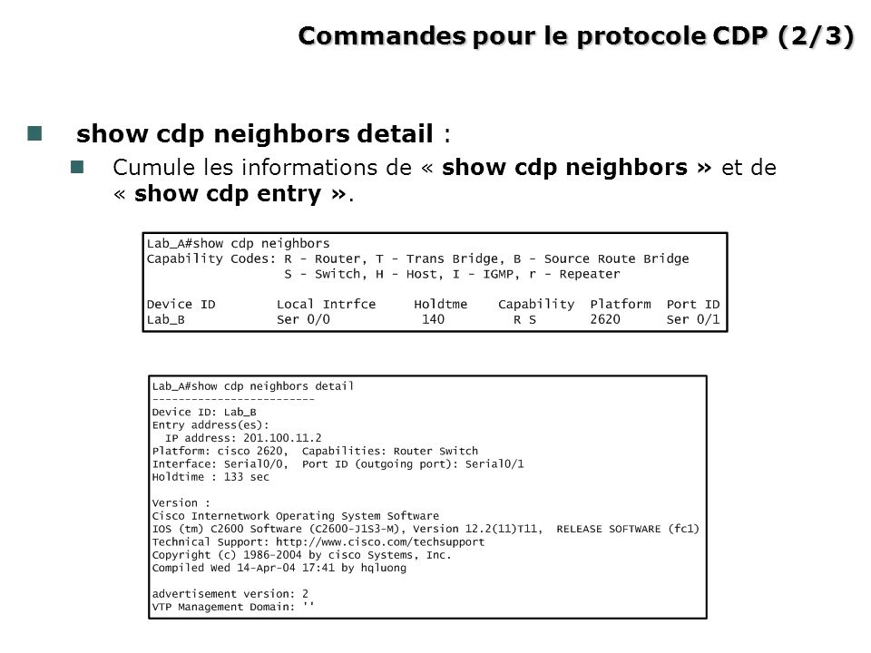 Commandes pour le protocole CDP (2/3)‏